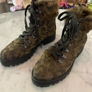 Jessica Simpson Norina Faux Fur Leopard Rhinestone Boots Women's Size 8 1/2
